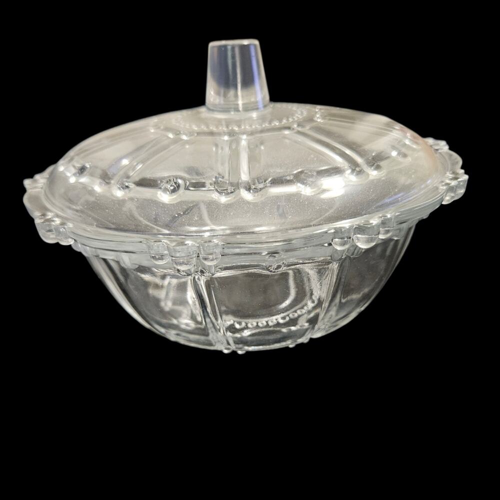 Vintage Clear Pressed Glass Covered Candy Dish Beaded Pattern Lid